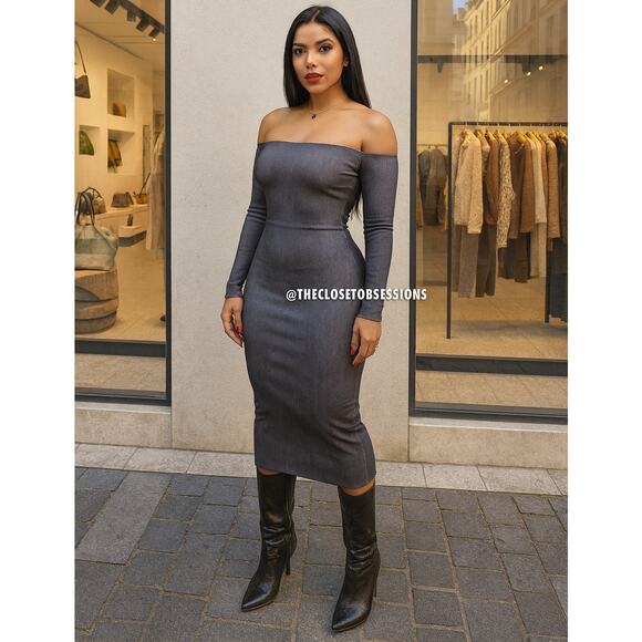 ZARA Off Shoulder Fitted Midi Dress NWT | Grey Ombre | Long Sleeve - Picture 3 of 16